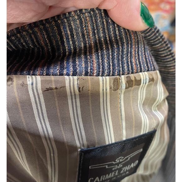 Vintage 90s Carmel Zhao Wool Blazer Single Breasted Striped Brown Womens 6 - Picture 13 of 15